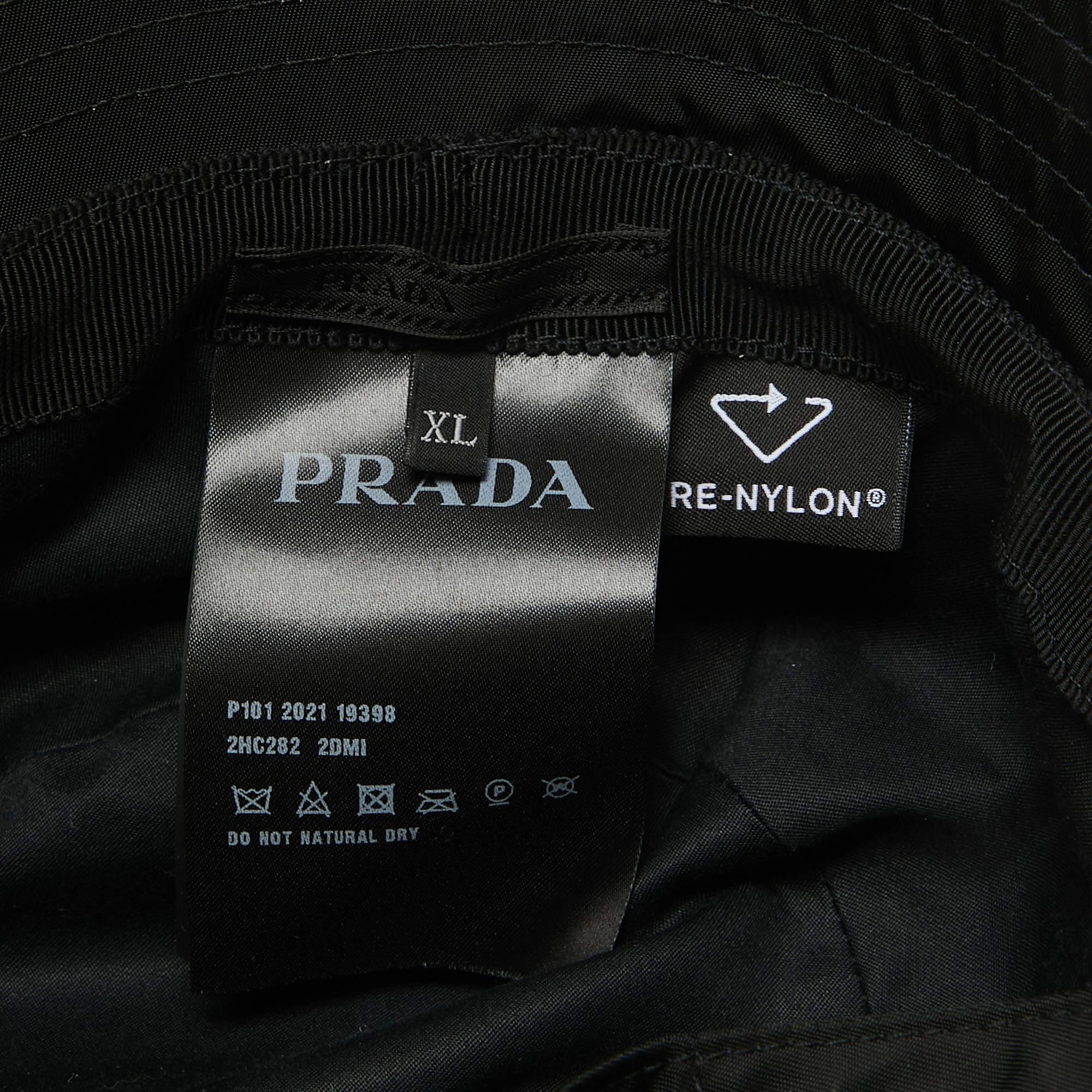 Prada Black Re-Nylon Triangle Logo Detail String Bucket Hat XL In Excellent Condition In Dubai, Al Qouz 2