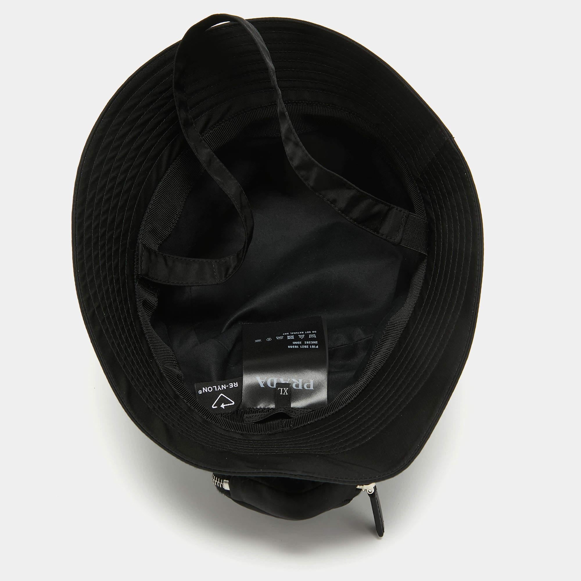 Women's Prada Black Re-Nylon Triangle Logo Detail String Bucket Hat XL
