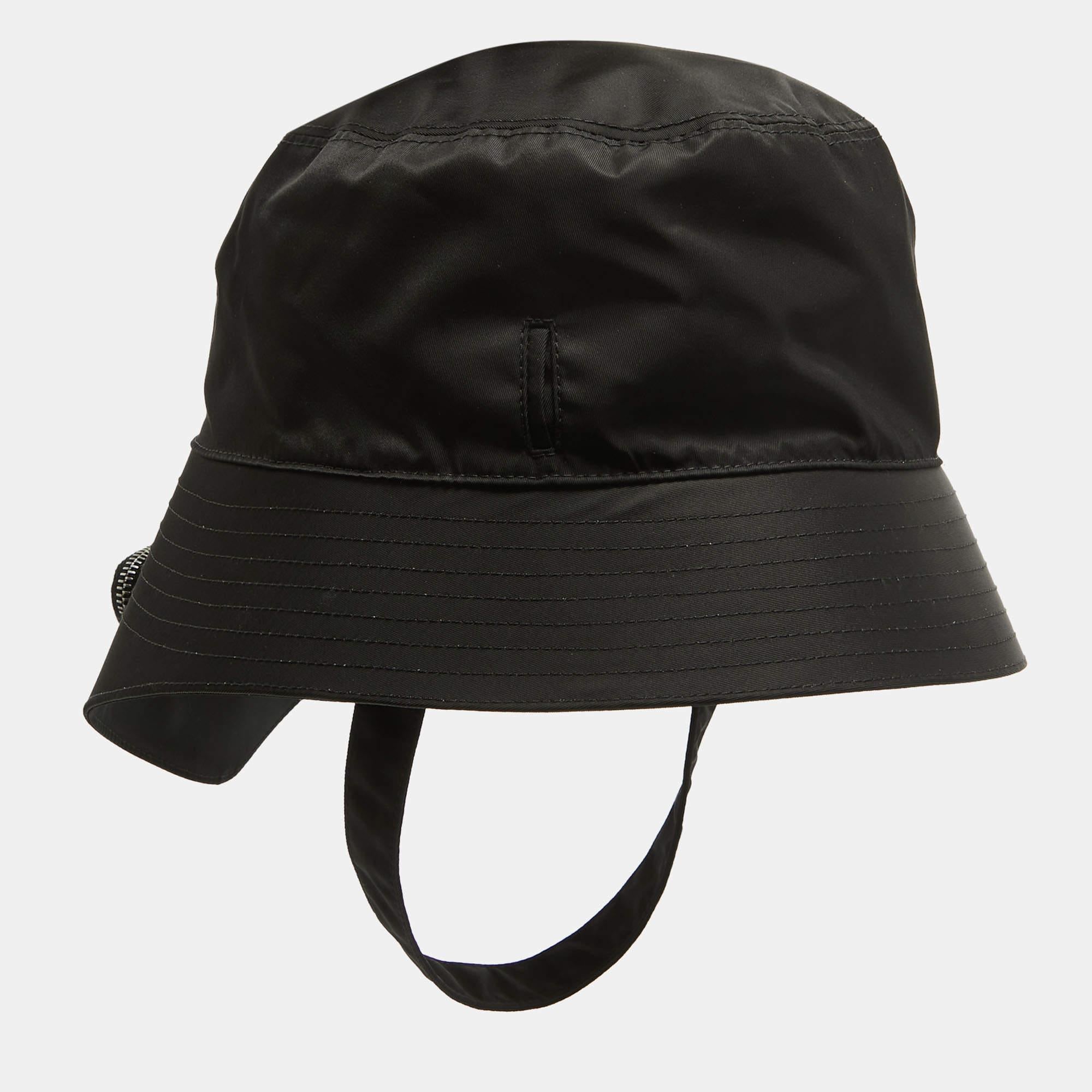 Prada Black Re-Nylon Triangle Logo Detail String Bucket Hat XL 1