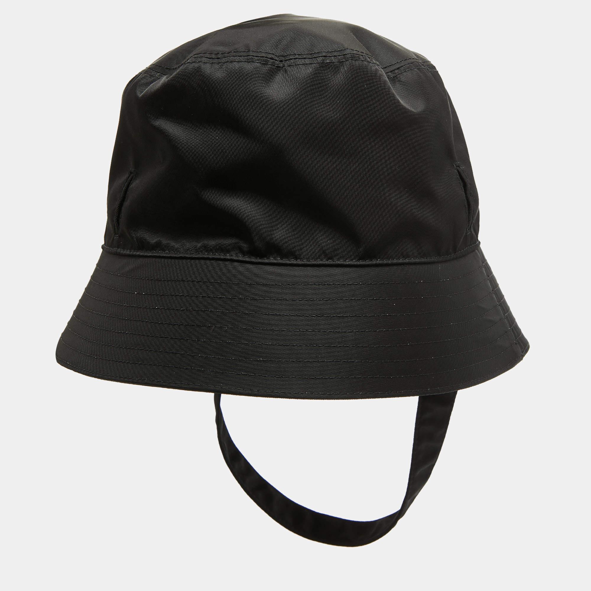 Prada Black Re-Nylon Triangle Logo Detail String Bucket Hat XL 2