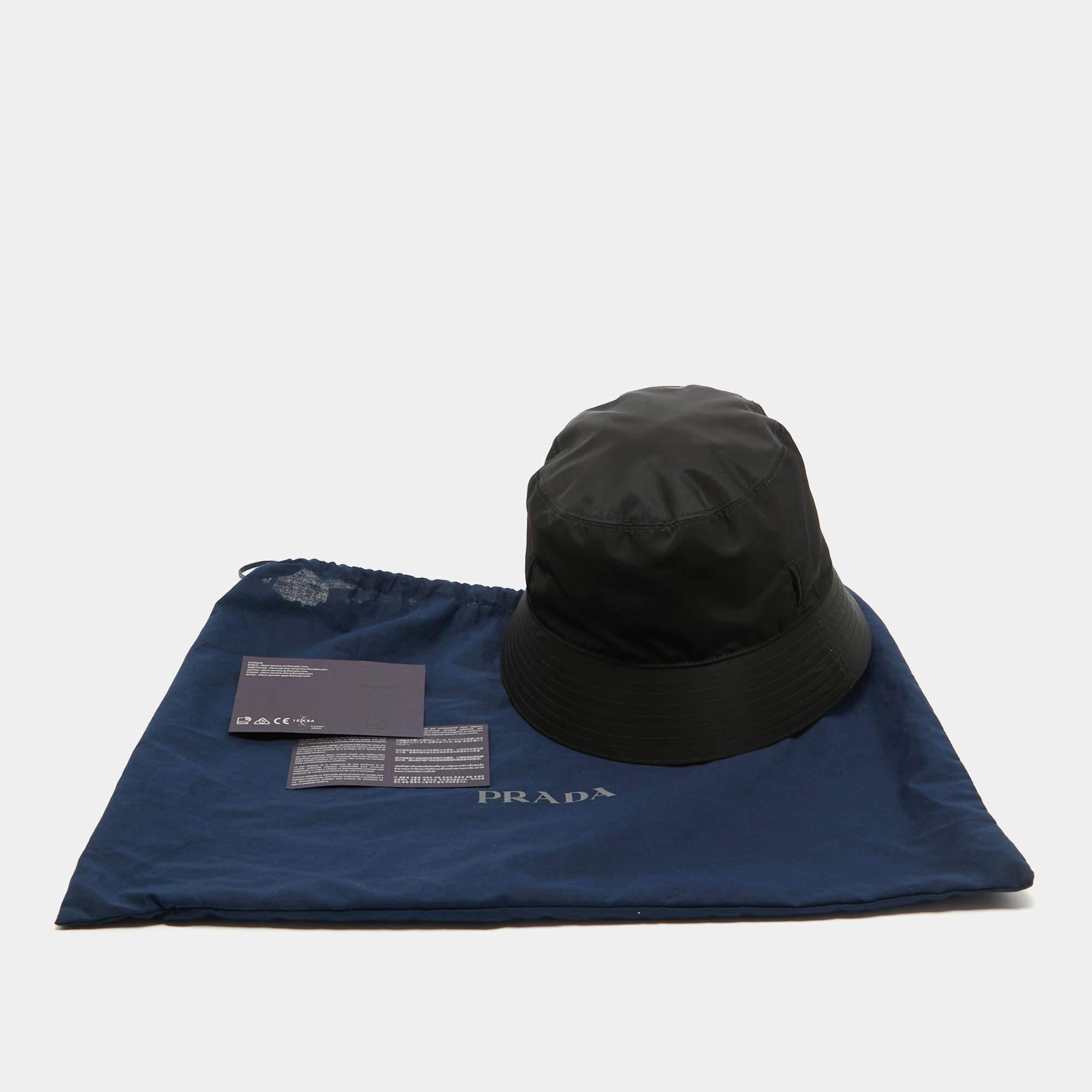 Prada Black Re-Nylon Triangle Logo Detail String Bucket Hat XL 3