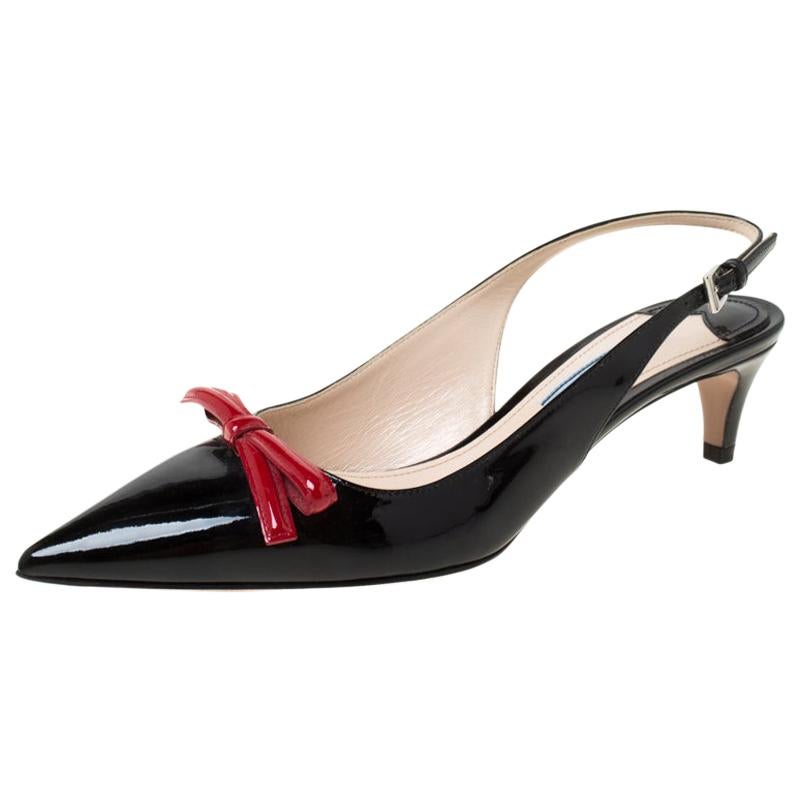 Prada Black/Red Patent Leather Bow Pointed Toe Slingback Sandals Size 38