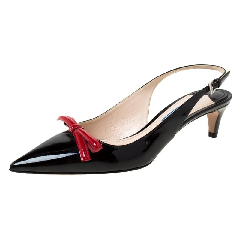 Prada Black/Red Patent Leather Bow Pointed Toe Slingback Sandals Size 38