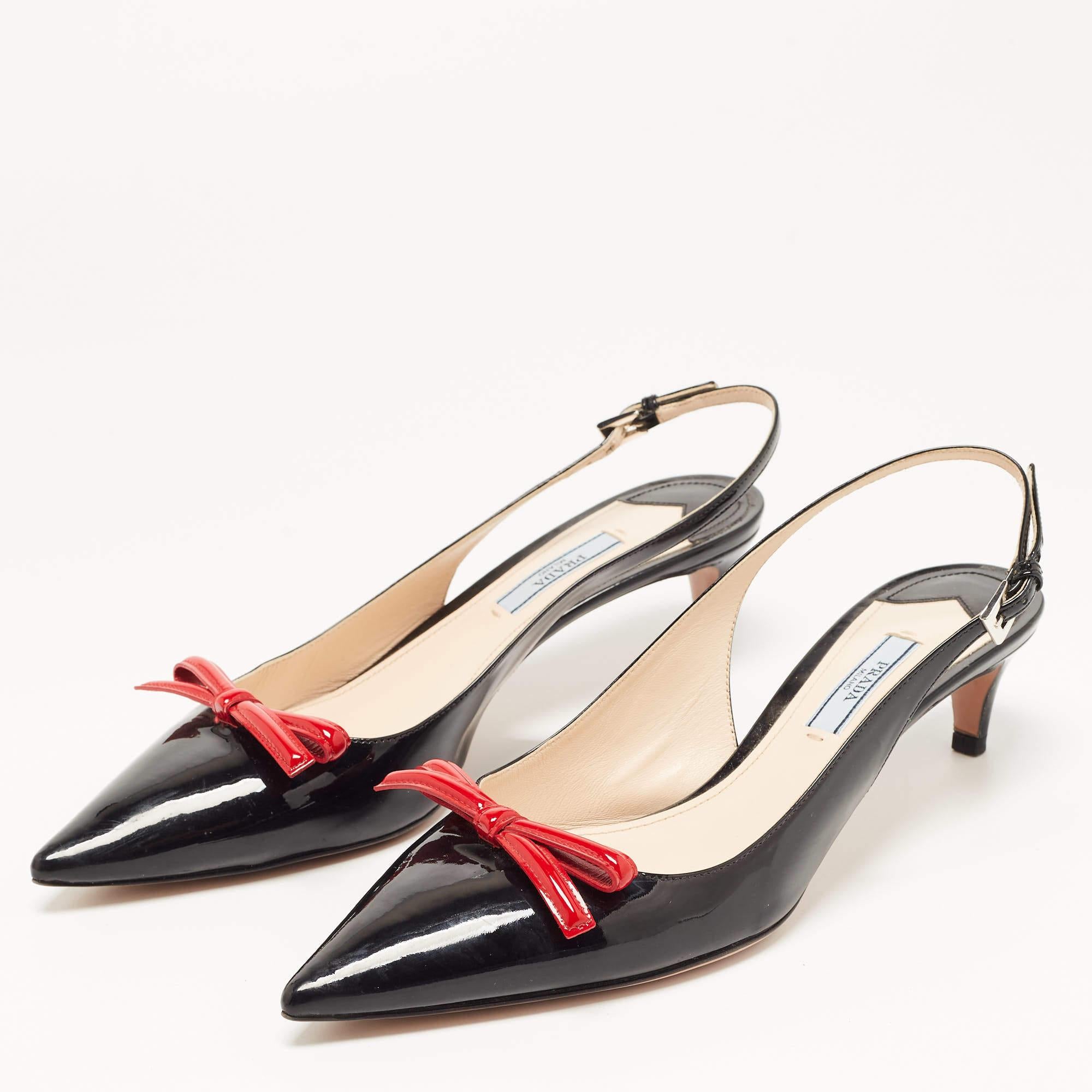 Women's Prada Black/Red Patent Leather Bow Pointed Toe Slingback Sandals Size 40.5