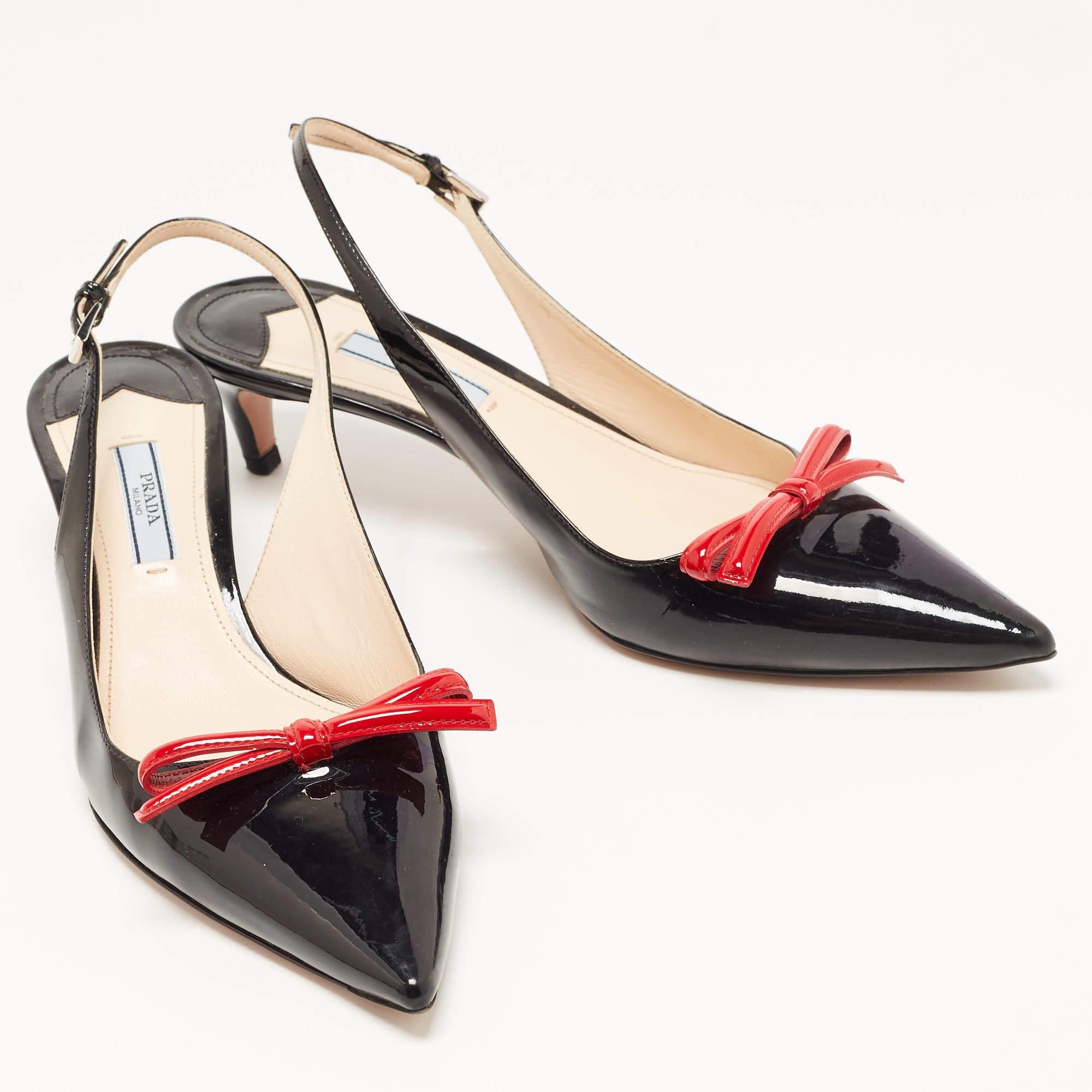 Prada Black/Red Patent Leather Bow Pointed Toe Slingback Sandals Size 40.5 1