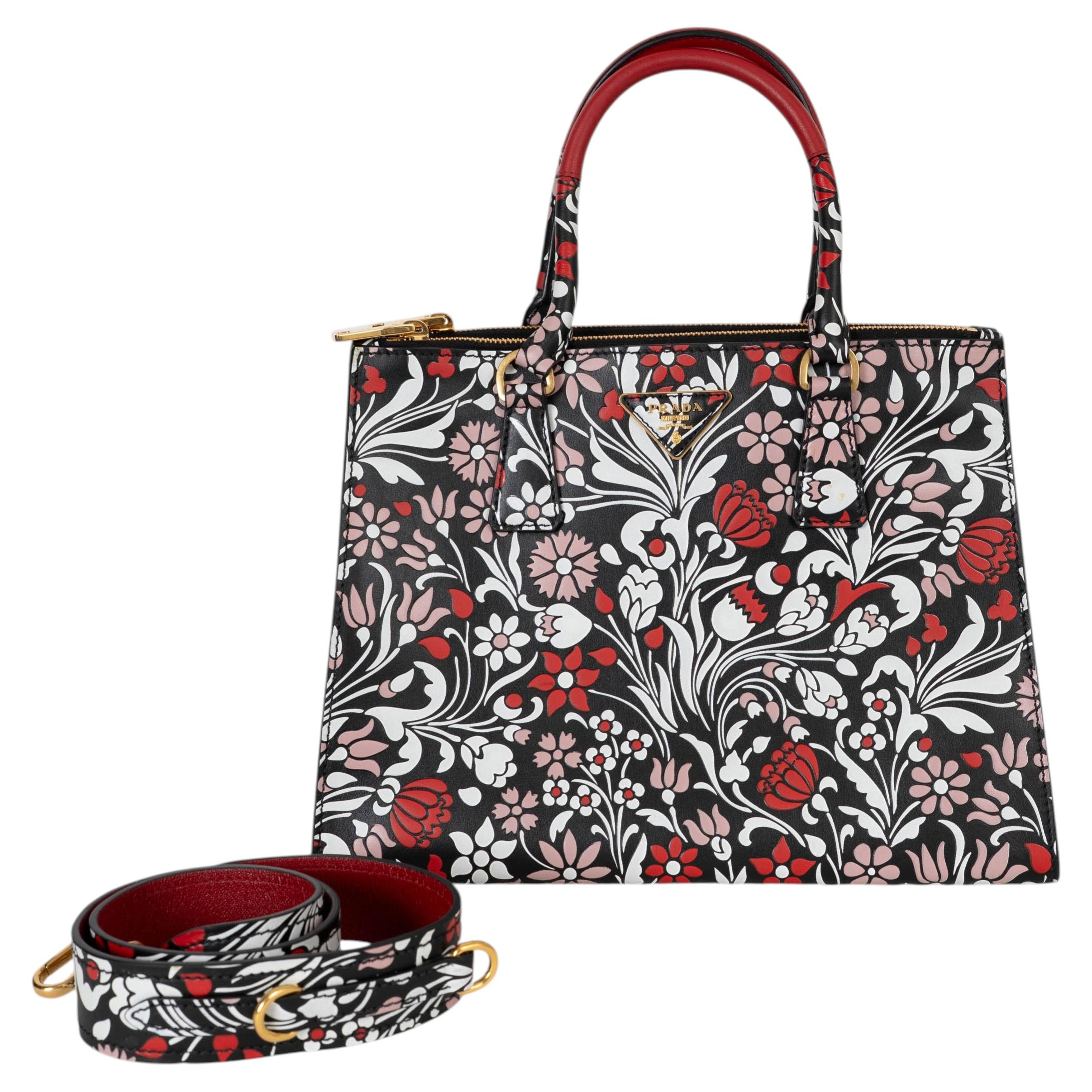 PRADA black red pink leather 2017 GALLERIA MEDIUM FLOREALE Tote Bag