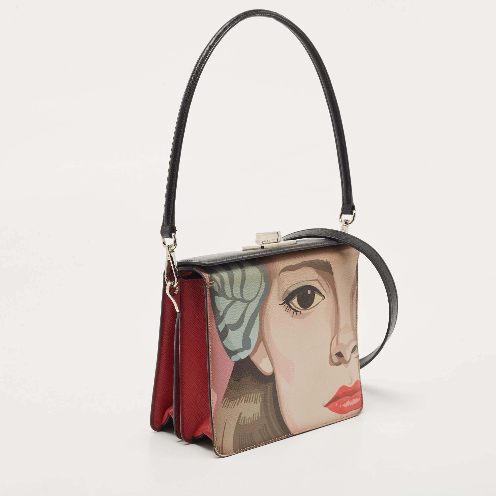 Brown Prada Black/Red Saffiano Print Leather Face Art Top Handle Bag