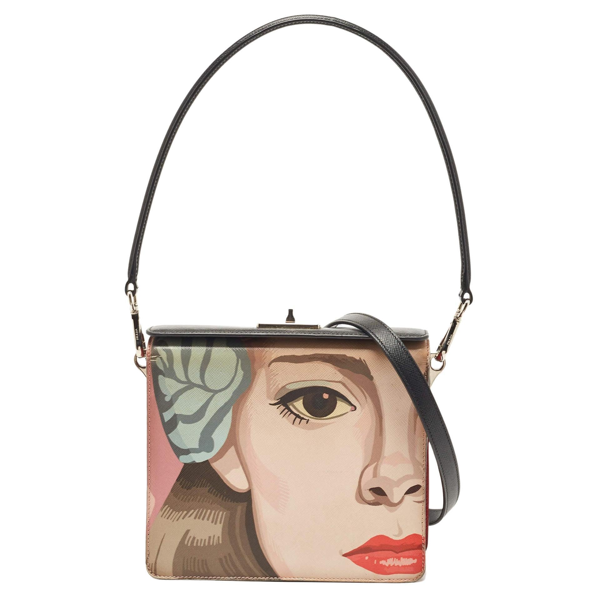 Prada Black/Red Saffiano Print Leather Face Art Top Handle Bag