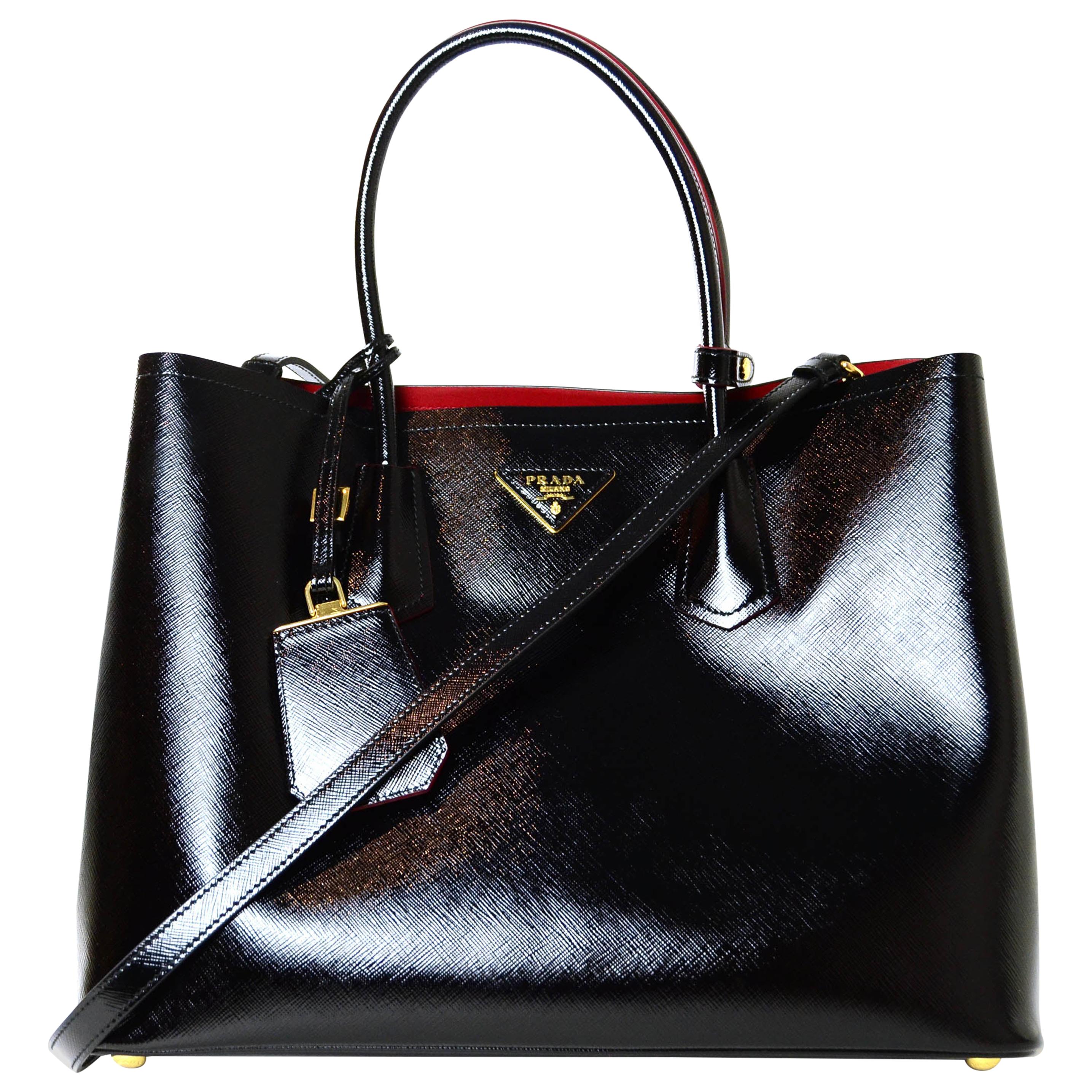 Prada Black/Red Saffiano Vernice Shiny Leather Double Handle Tote Bag w/ Strap