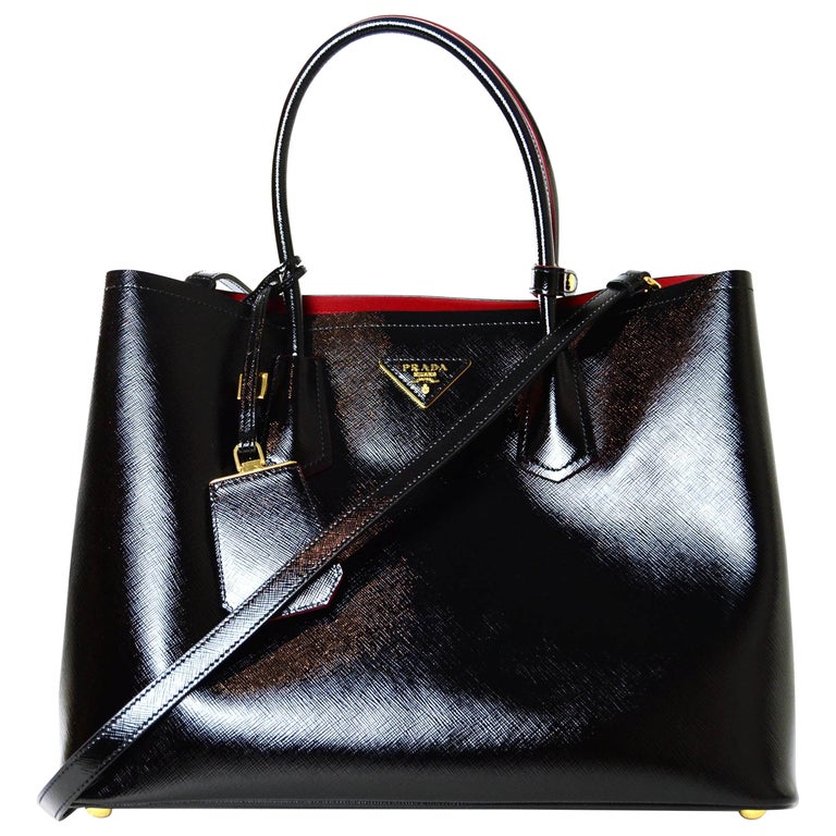 Prada Black/Red Saffiano Vernice Shiny Leather Double Handle Tote Bag w/  Strap For Sale at 1stDibs