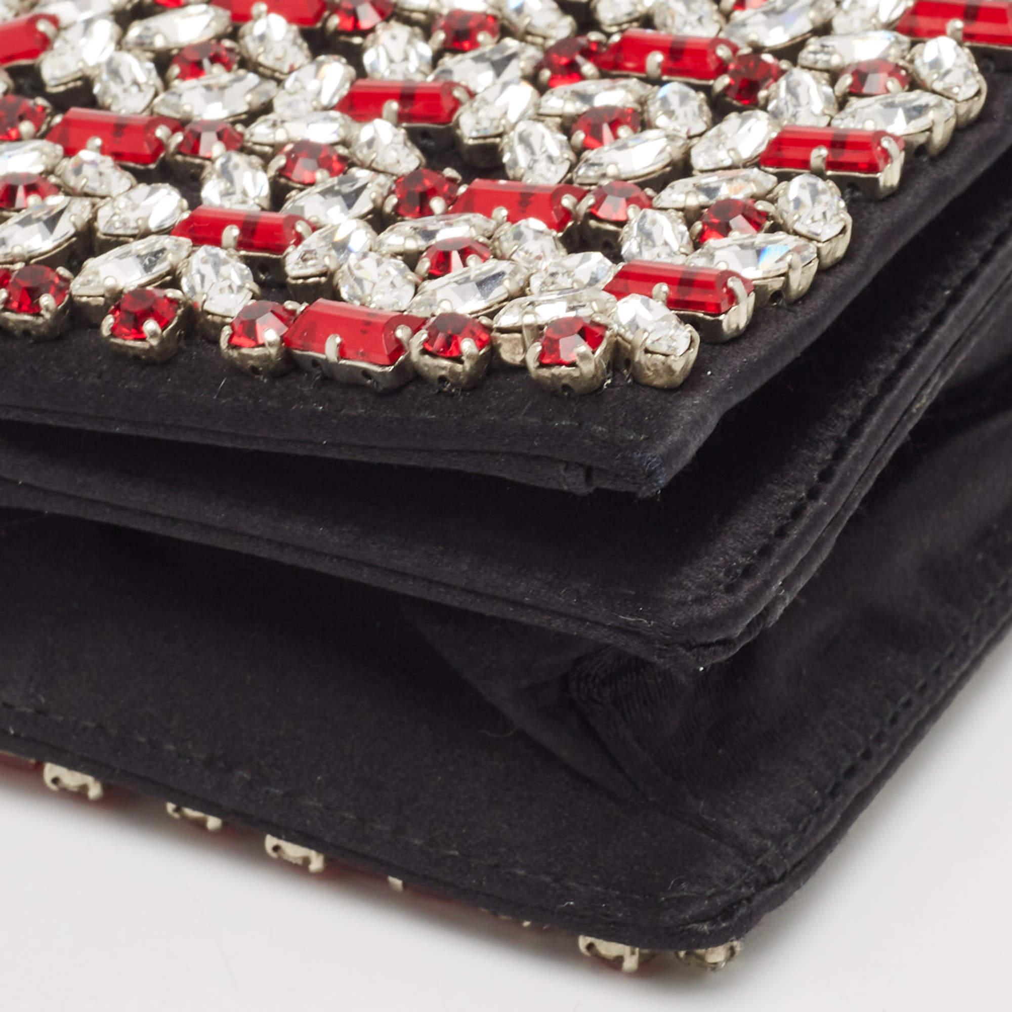 Prada Black/Red Satin Crystals Embellished Flap Clutch For Sale 8