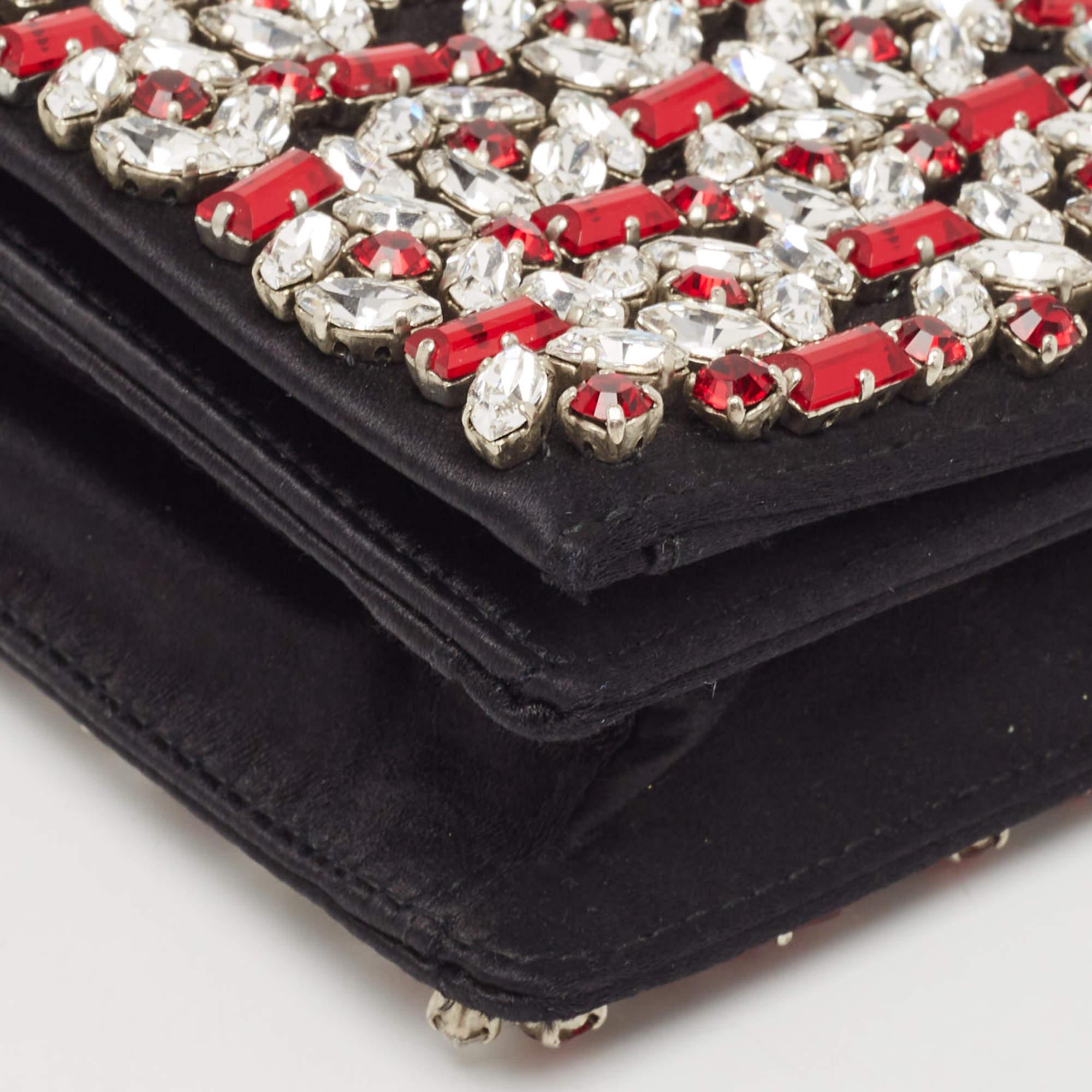 Prada Black/Red Satin Crystals Embellished Flap Clutch For Sale 9