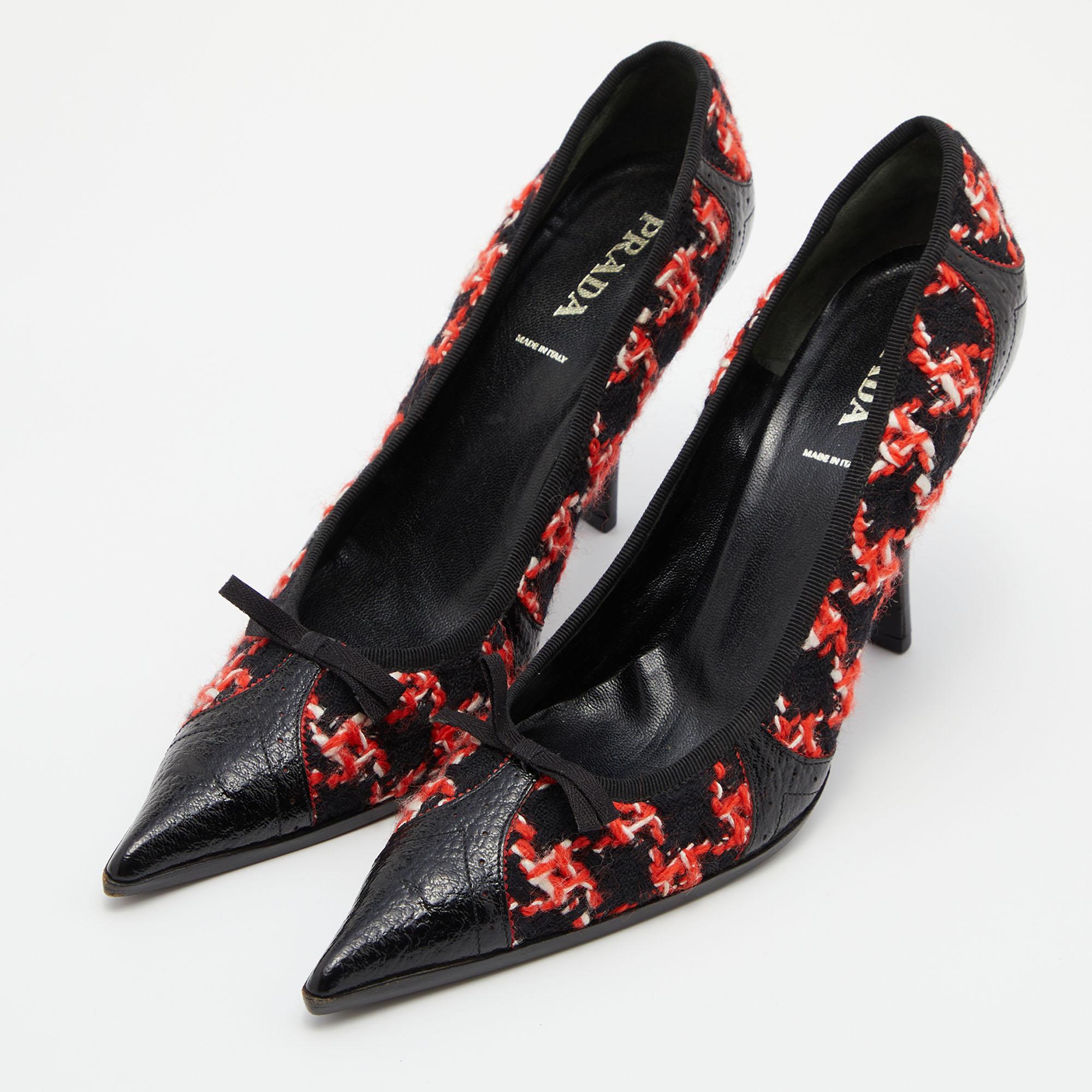 Prada Black/Red Tweed and Leather Pointed Toe Bow Detail Pumps 40 1