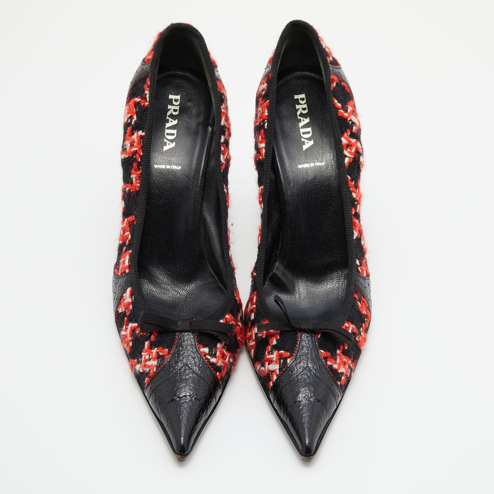 Prada Black/Red Tweed and Leather Pointed Toe Bow Detail Pumps 40 2