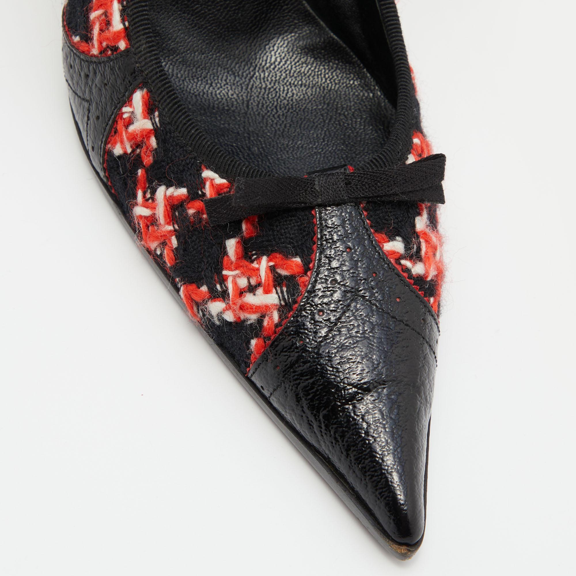 Prada Black/Red Tweed and Leather Pointed Toe Bow Detail Pumps 40 3