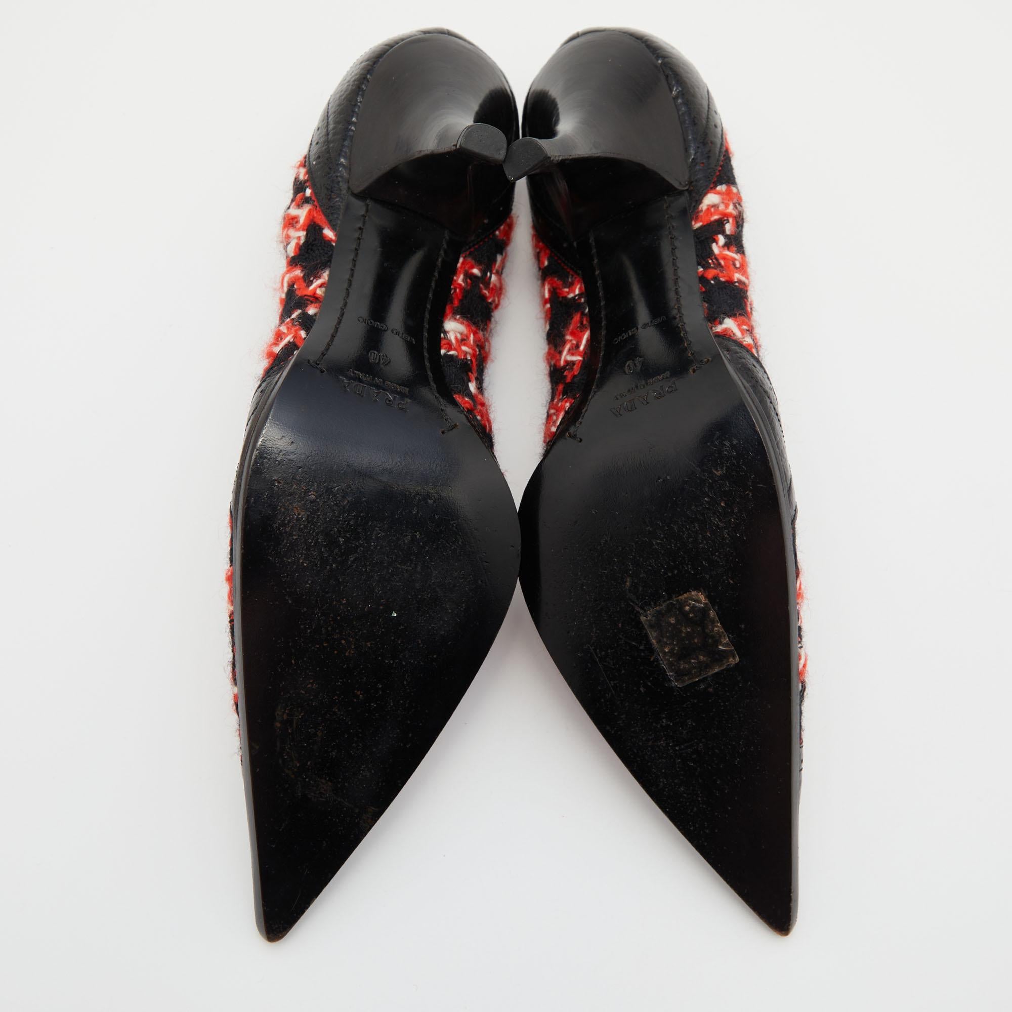 Prada Black/Red Tweed and Leather Pointed Toe Bow Detail Pumps 40 4