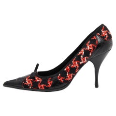 Prada Black/Red Tweed and Leather Pointed Toe Bow Detail Pumps 40