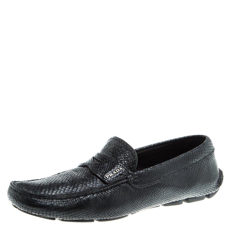 Prada Black Reptile Leather Penny Loafers Size 42