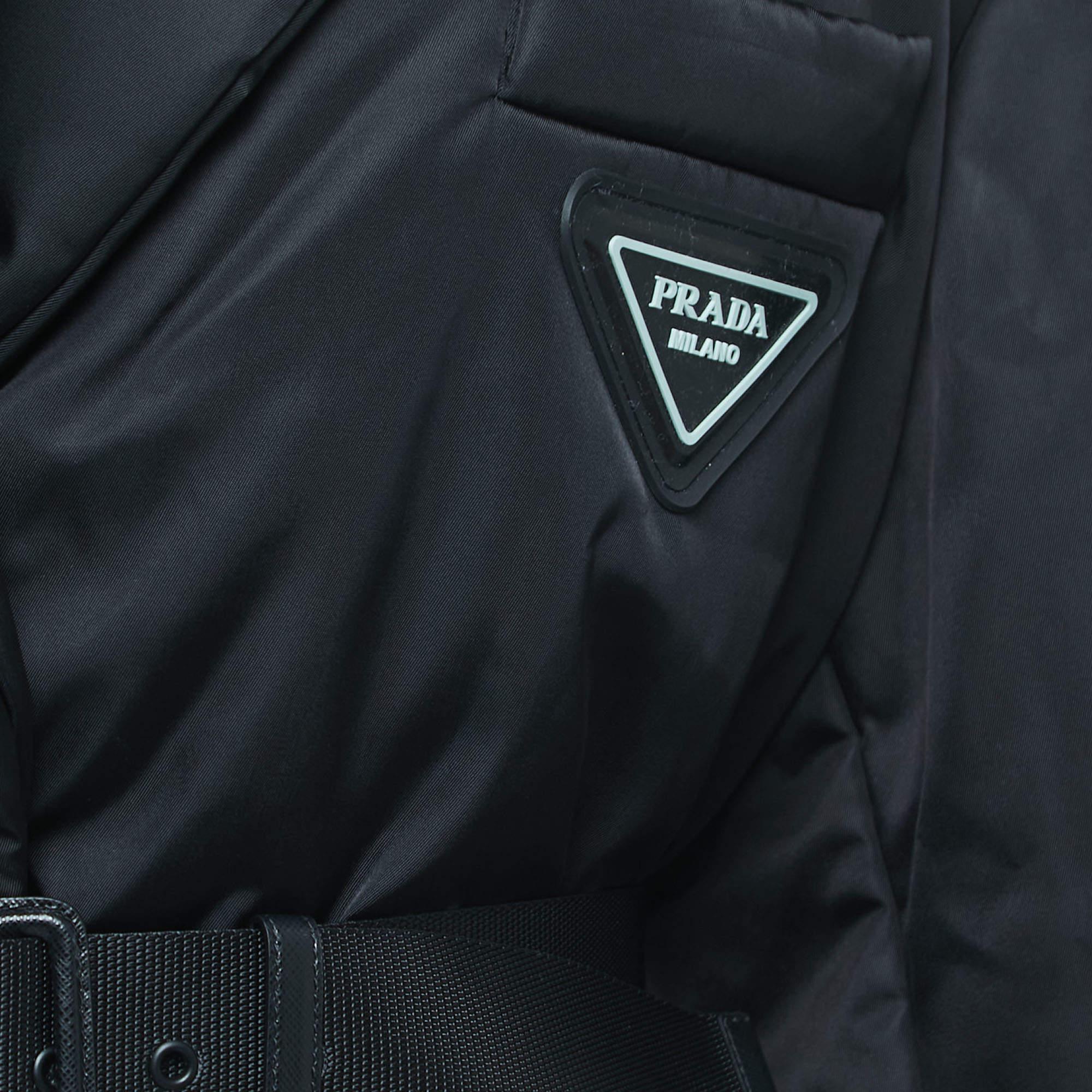 Prada Black Resin Coating Nylon Belted Down Jacket M 2
