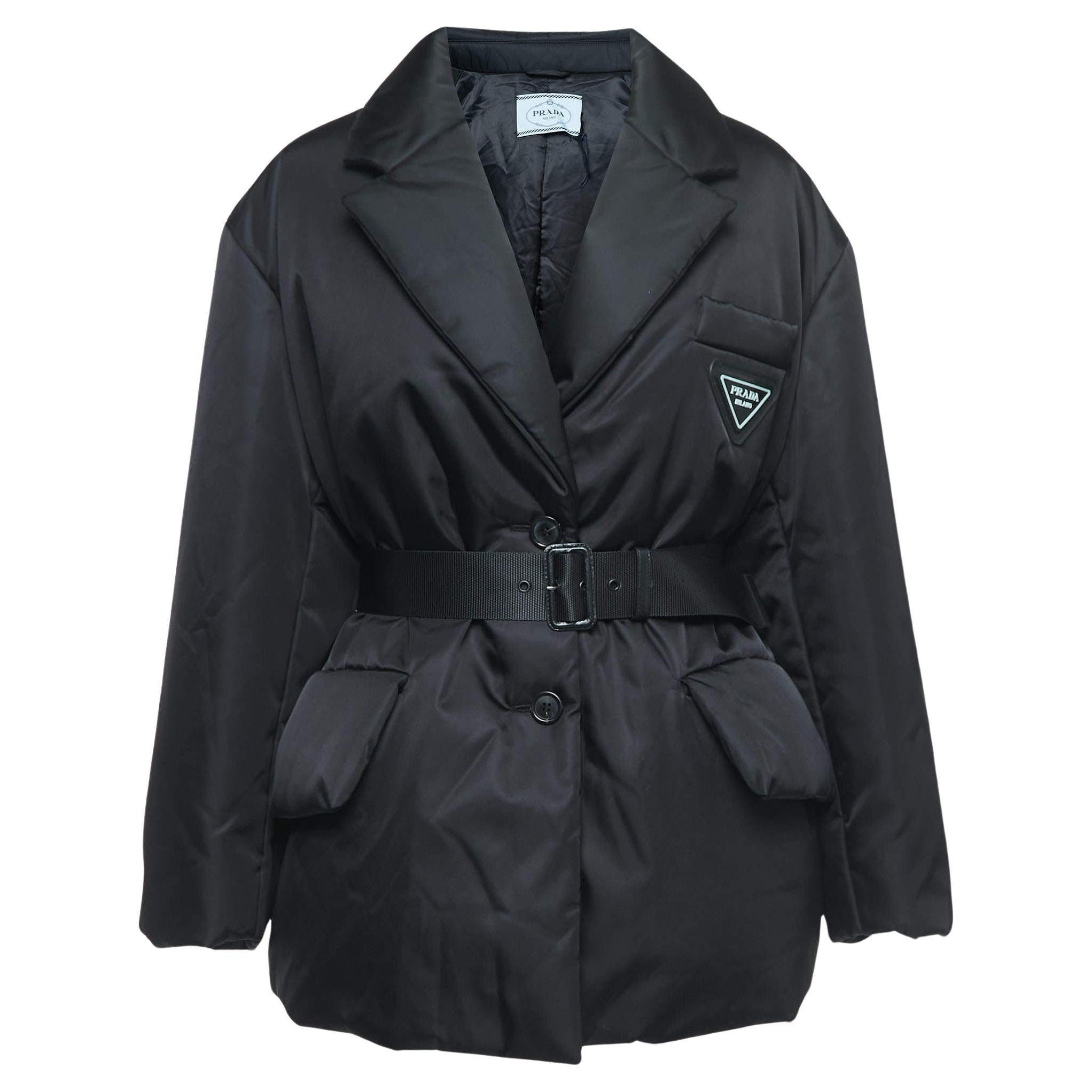 Prada Black Resin Coating Nylon Belted Down Jacket M