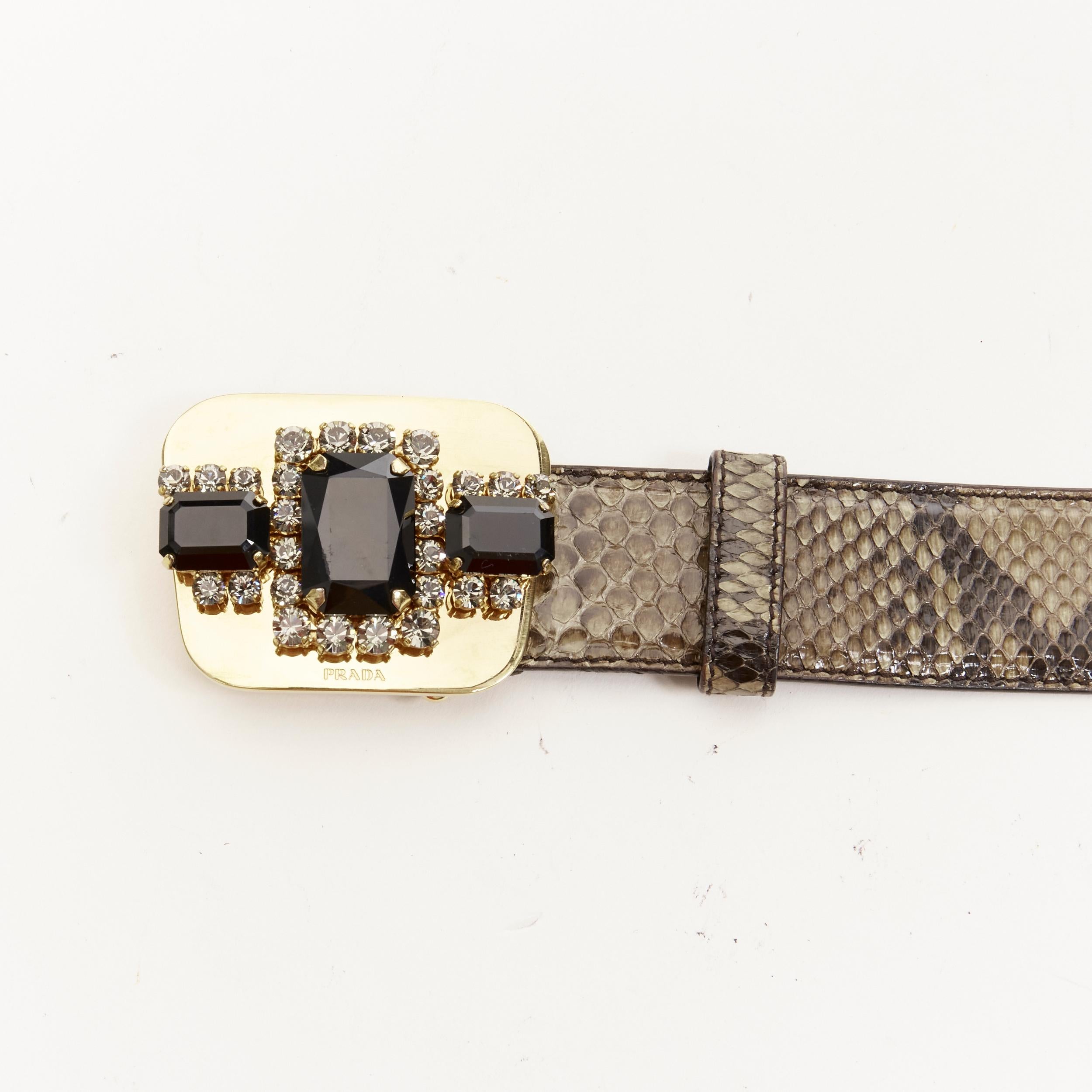 PRADA black rhinestone jewel crystal gold buckle green leather belt 90cm 38
