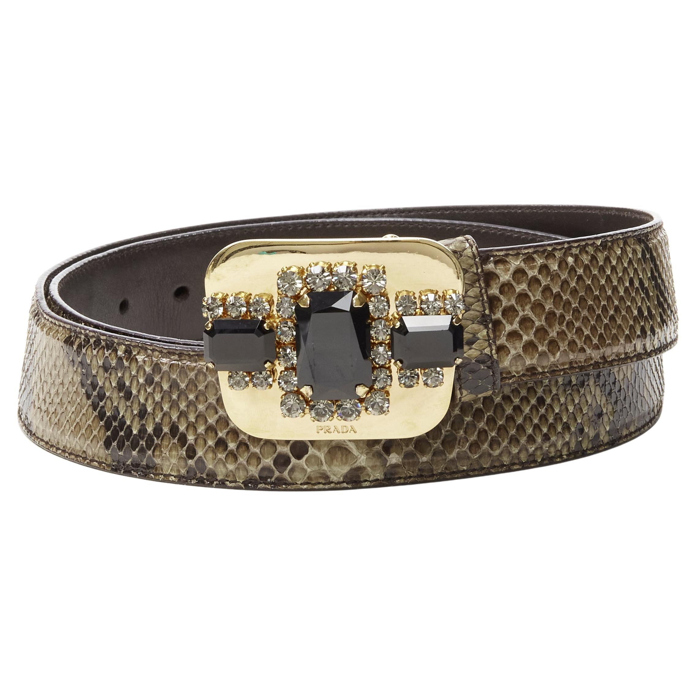 PRADA black rhinestone jewel crystal gold buckle green leather belt 90cm 38"