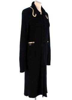 Prada Black Ribbed Knit Longline Cardigan with Gold Leather Trim - Size US 8