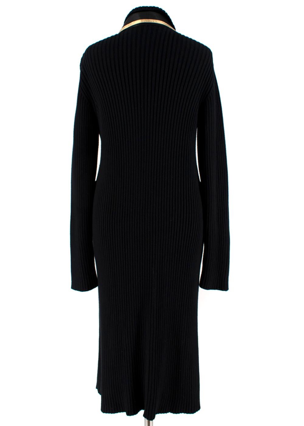 Prada Black Ribbed Knit Longline Cardigan with Gold Leather Trim - Size US 8 In New Condition In London, GB