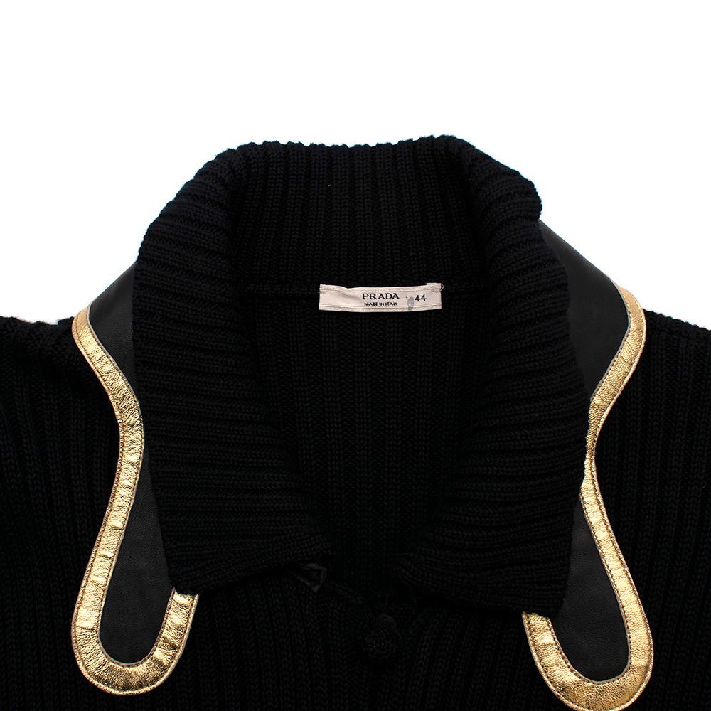 Women's or Men's Prada Black Ribbed Knit Longline Cardigan with Gold Leather Trim - Size US 8