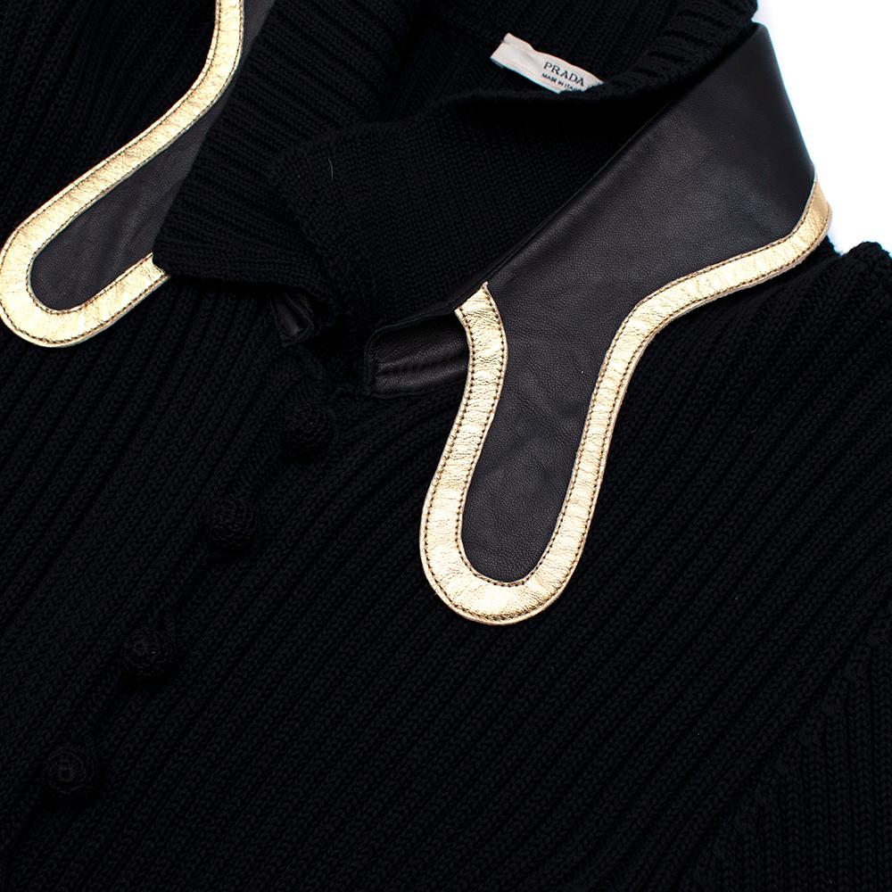 Prada Black Ribbed Knit Longline Cardigan with Gold Leather Trim - Size US 8 2