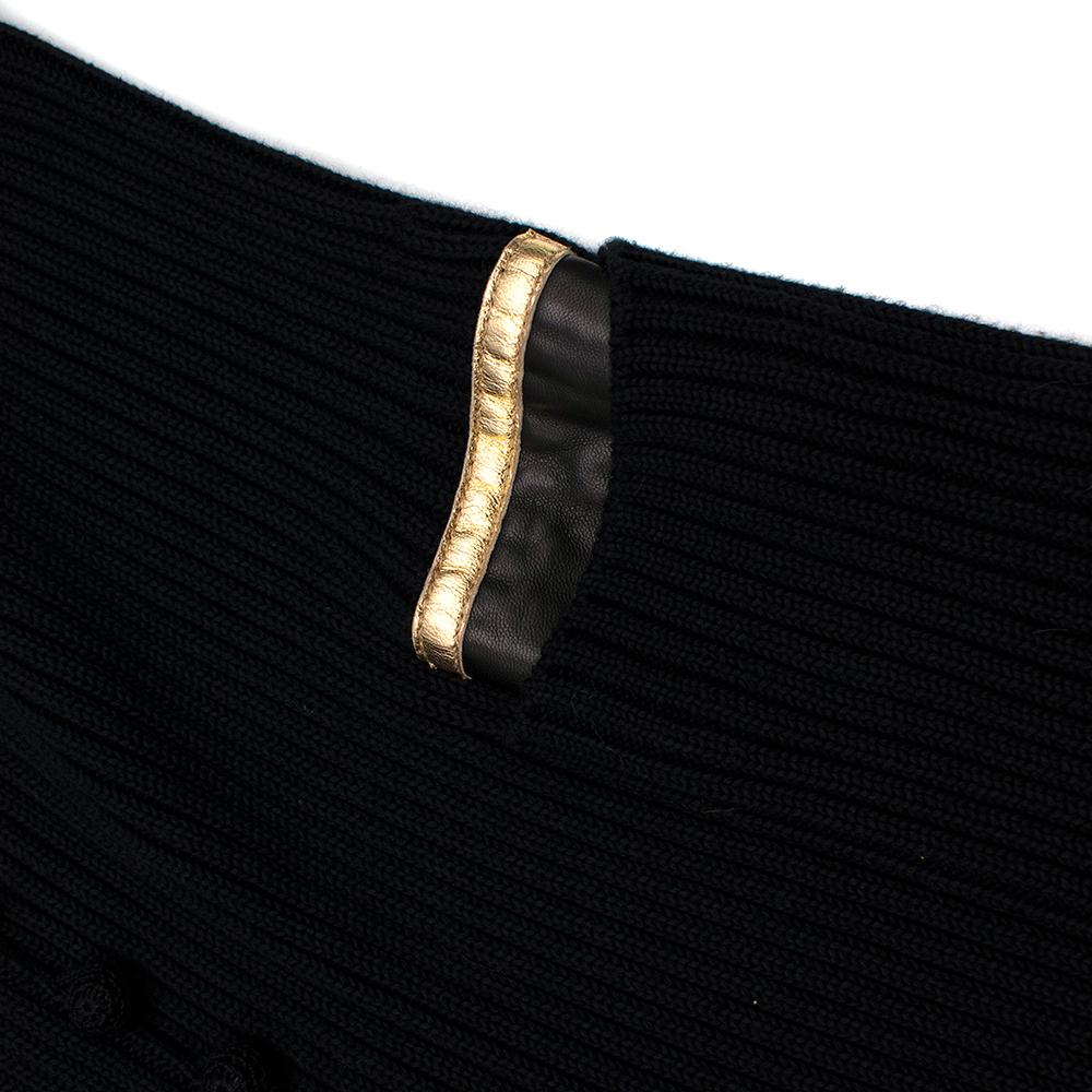 Prada Black Ribbed Knit Longline Cardigan with Gold Leather Trim - Size US 8 4