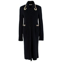 Prada Black Ribbed Knit Longline Cardigan with Gold Leather Trim - Size US 8