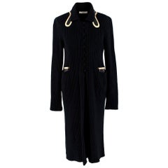 Prada Black Ribbed Knit Longline Cardigan with Gold Leather Trim - Size US 8