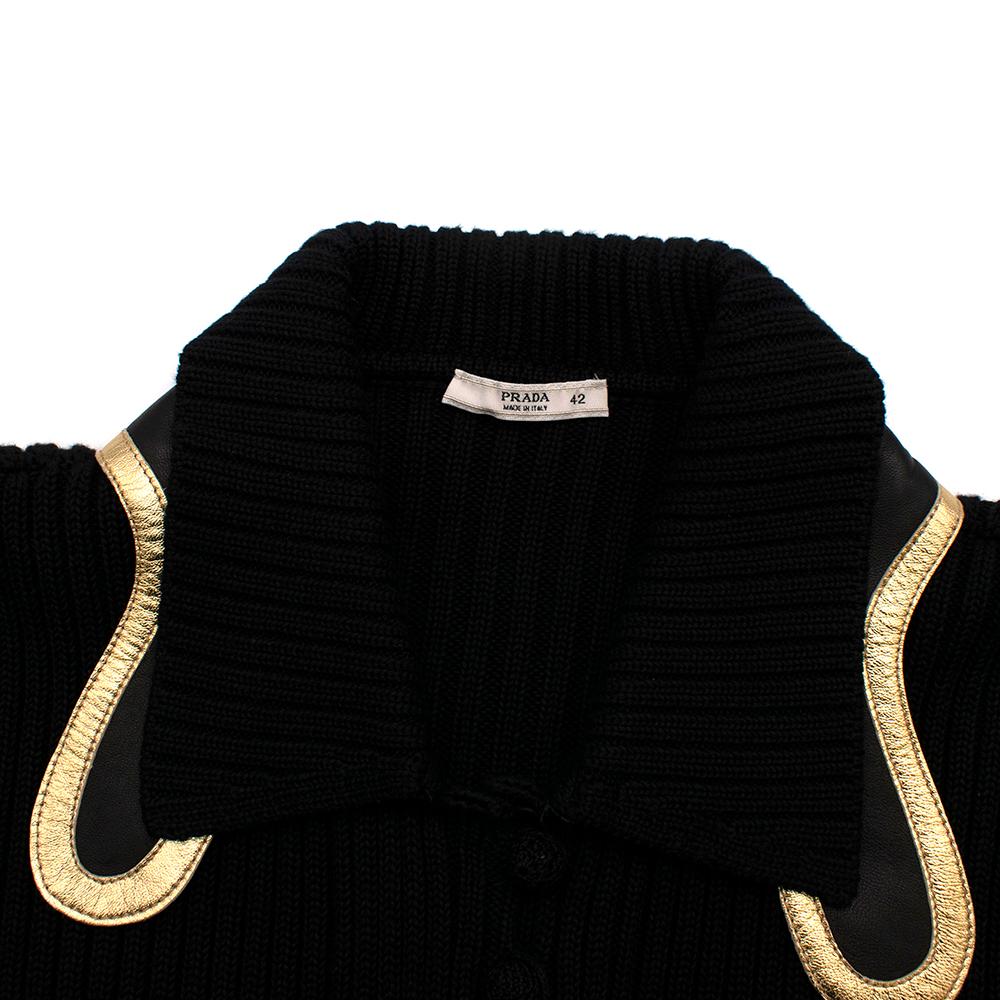 Prada Black Ribbed Knitted Cardigan with Gold Leather Trim - Size US 6 In New Condition In London, GB