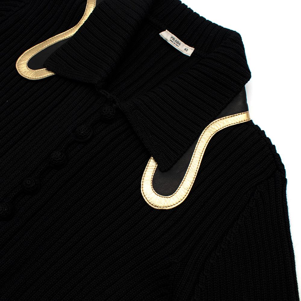 Women's or Men's Prada Black Ribbed Knitted Cardigan with Gold Leather Trim - Size US 6