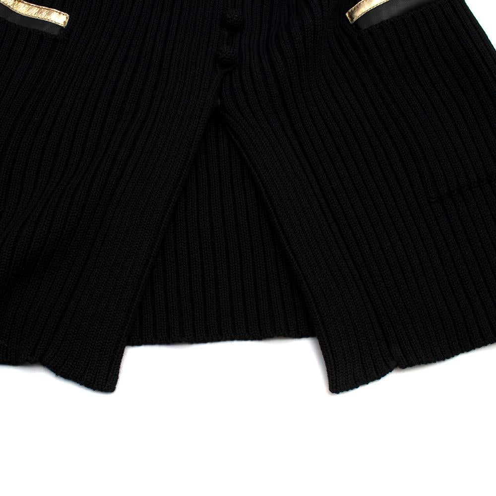 Prada Black Ribbed Knitted Cardigan with Gold Leather Trim - Size US 6 2