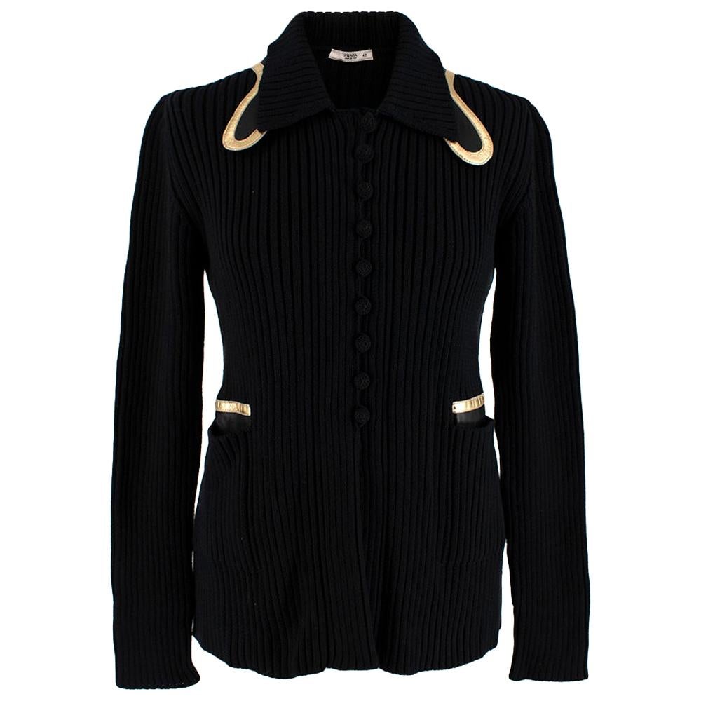 Prada Black Ribbed Knitted Cardigan with Gold Leather Trim - Size US 6