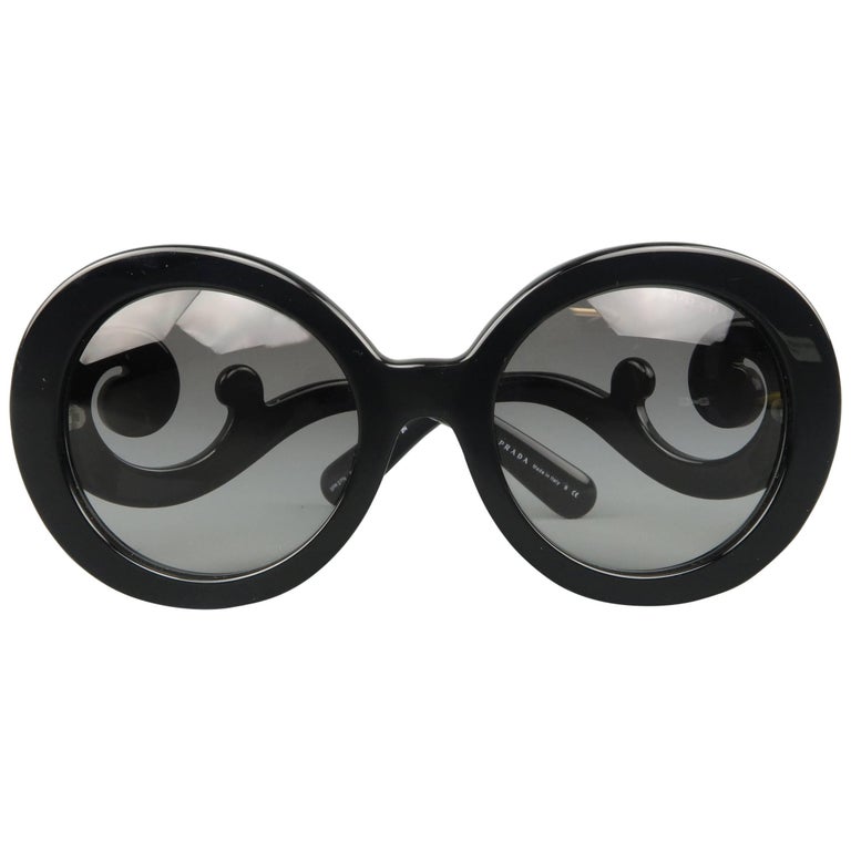 Prada Black Round Lens Baroque Swirl Arm Sunglasses