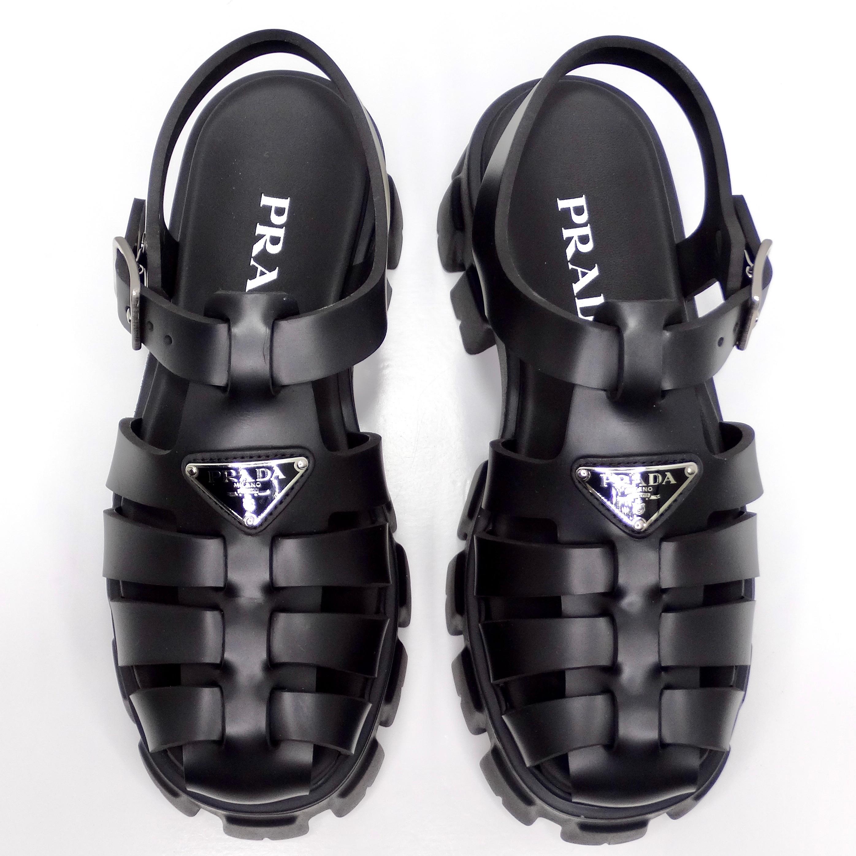 Prada Black Rubber Caged Slingback Platform Sandals In Excellent Condition In Scottsdale, AZ