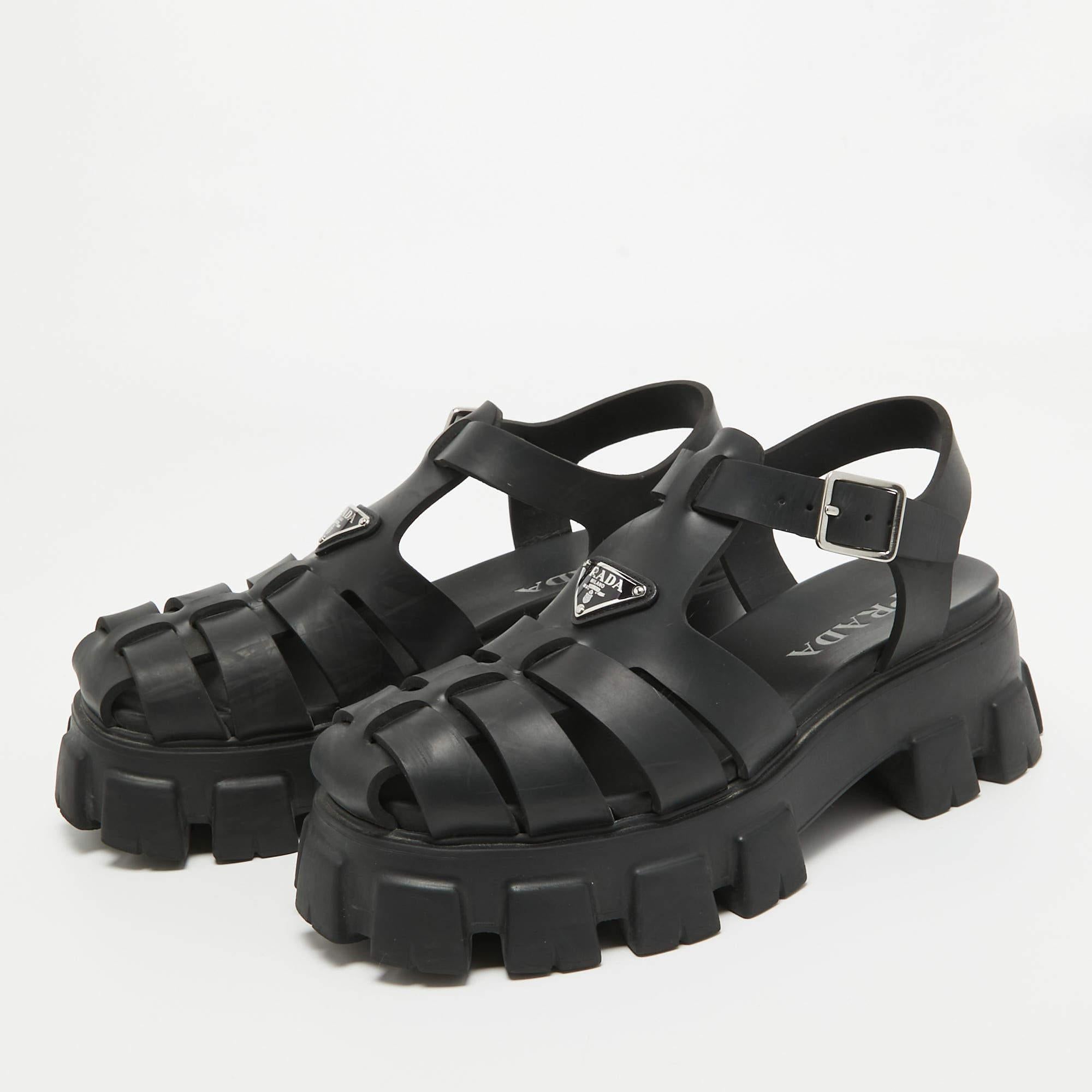 Prada Black Rubber Platform Ankle Strap Sandals Size 41 2