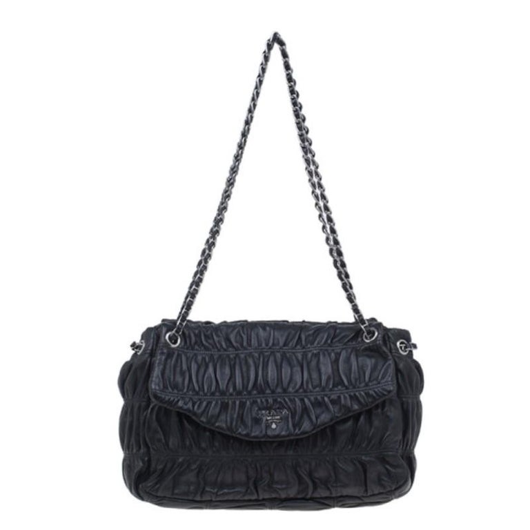 Prada Black Ruched Nappa Leather Chain Detail Shoulder Bag For Sale at 1stdibs