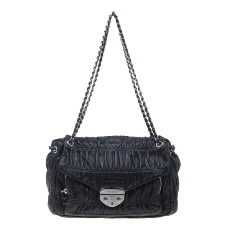 Prada Black Ruched Nappa Leather Chain Detail Shoulder Bag For Sale at 1stdibs