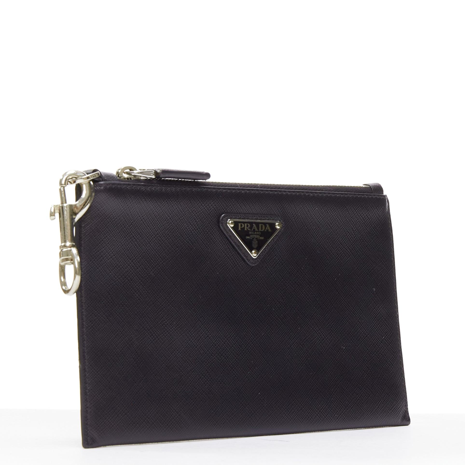 PRADA black saffianno leather silver triangle logo zip small clutch bag In Fair Condition In Hong Kong, NT