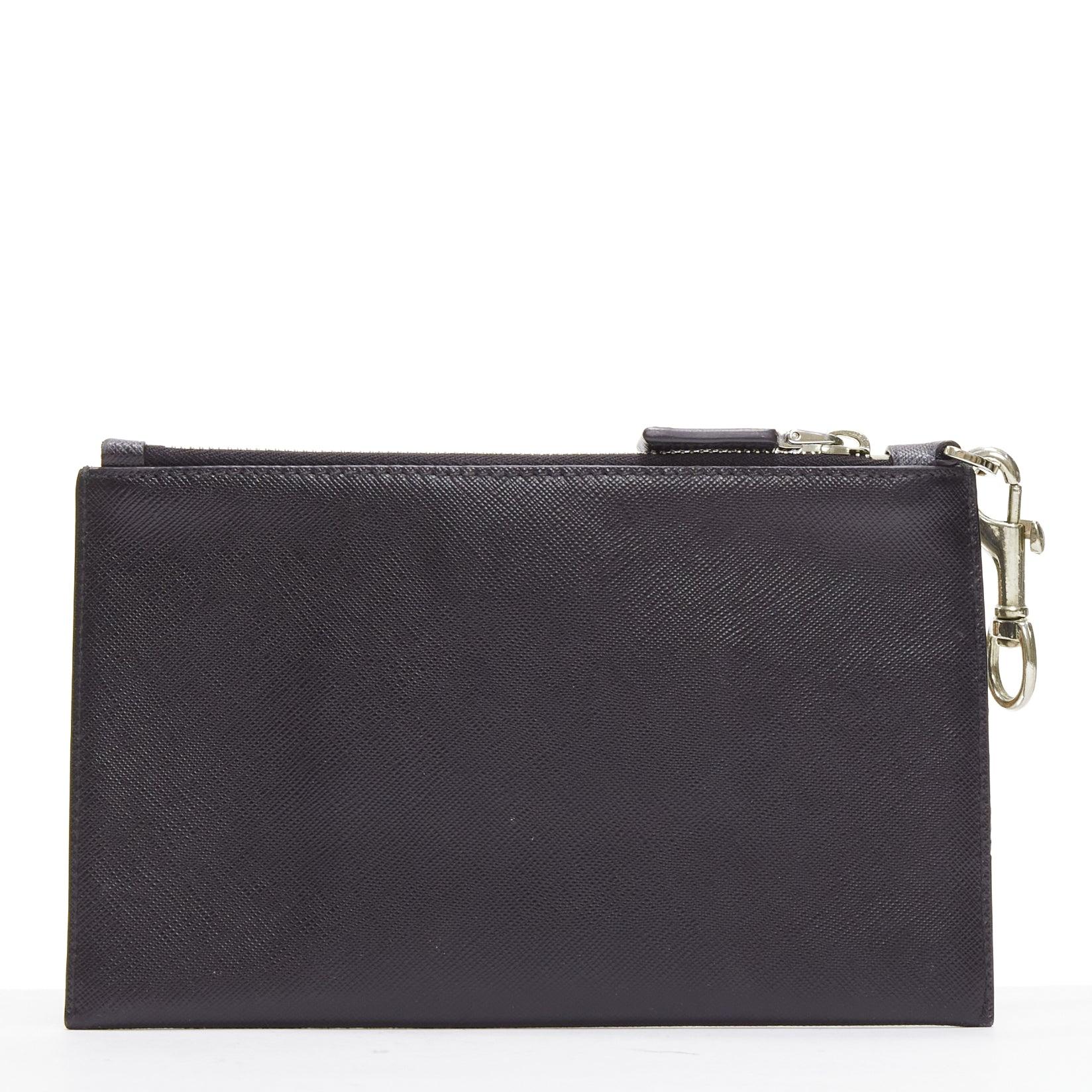 Men's PRADA black saffianno leather silver triangle logo zip small clutch bag