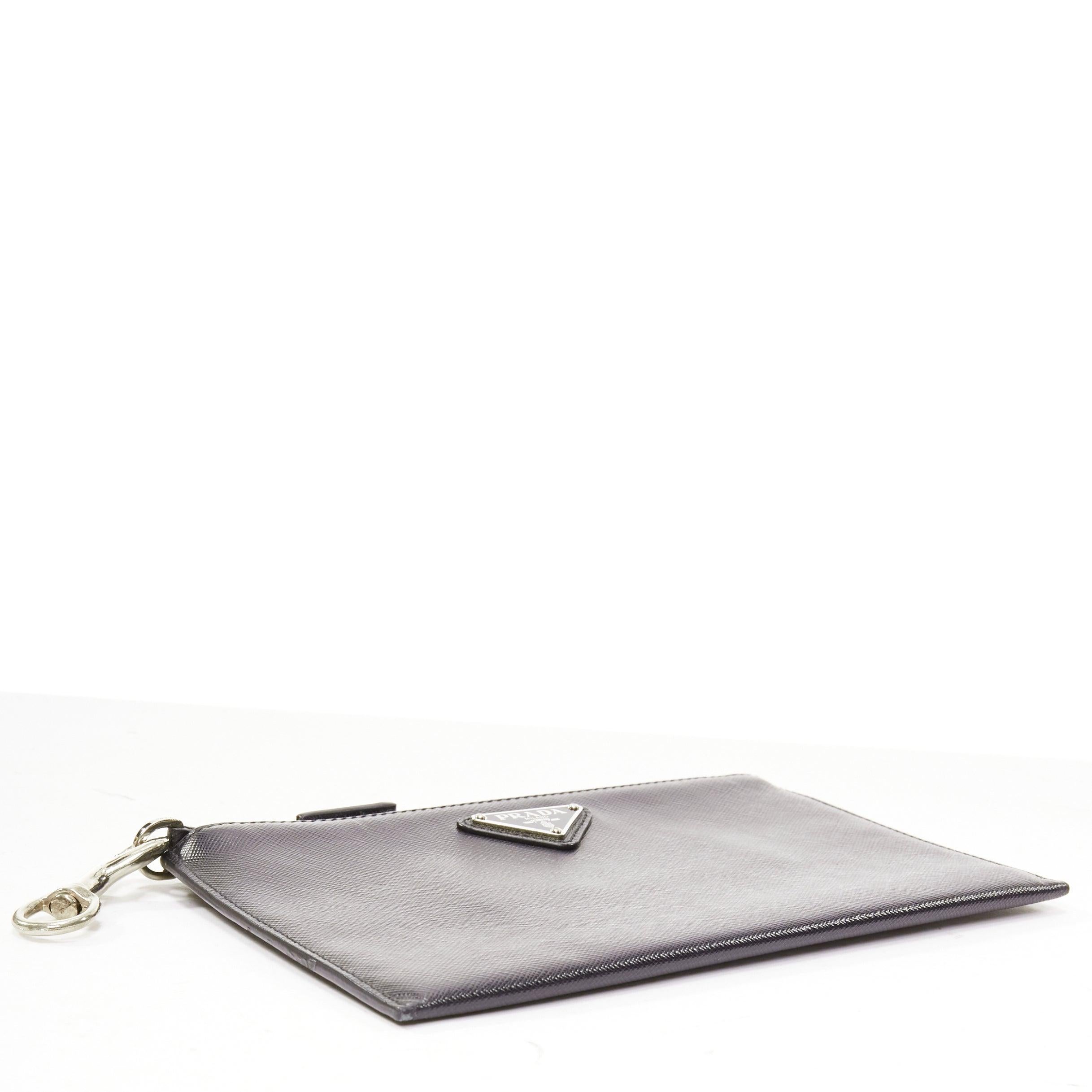 PRADA black saffianno leather silver triangle logo zip small clutch bag 1