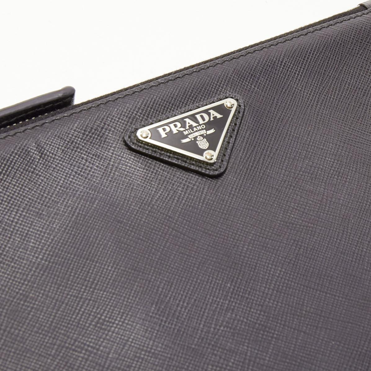 PRADA black saffianno leather silver triangle logo zip small clutch bag 2