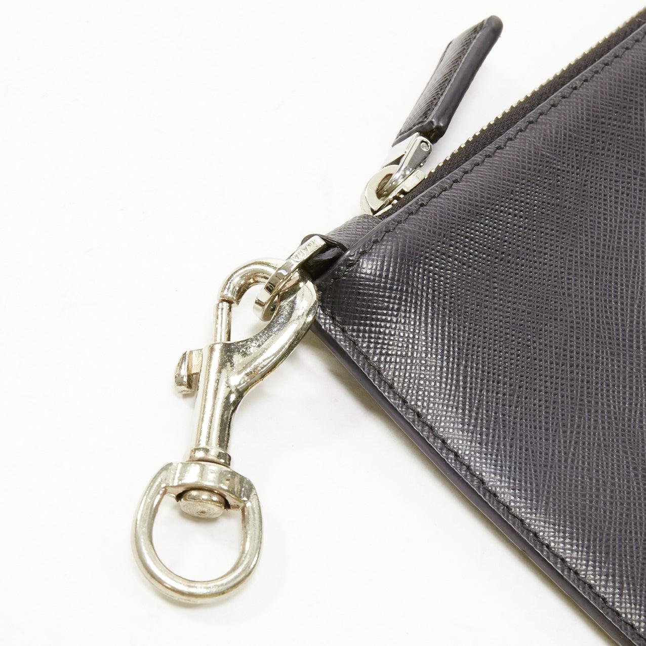 PRADA black saffianno leather silver triangle logo zip small clutch bag 3