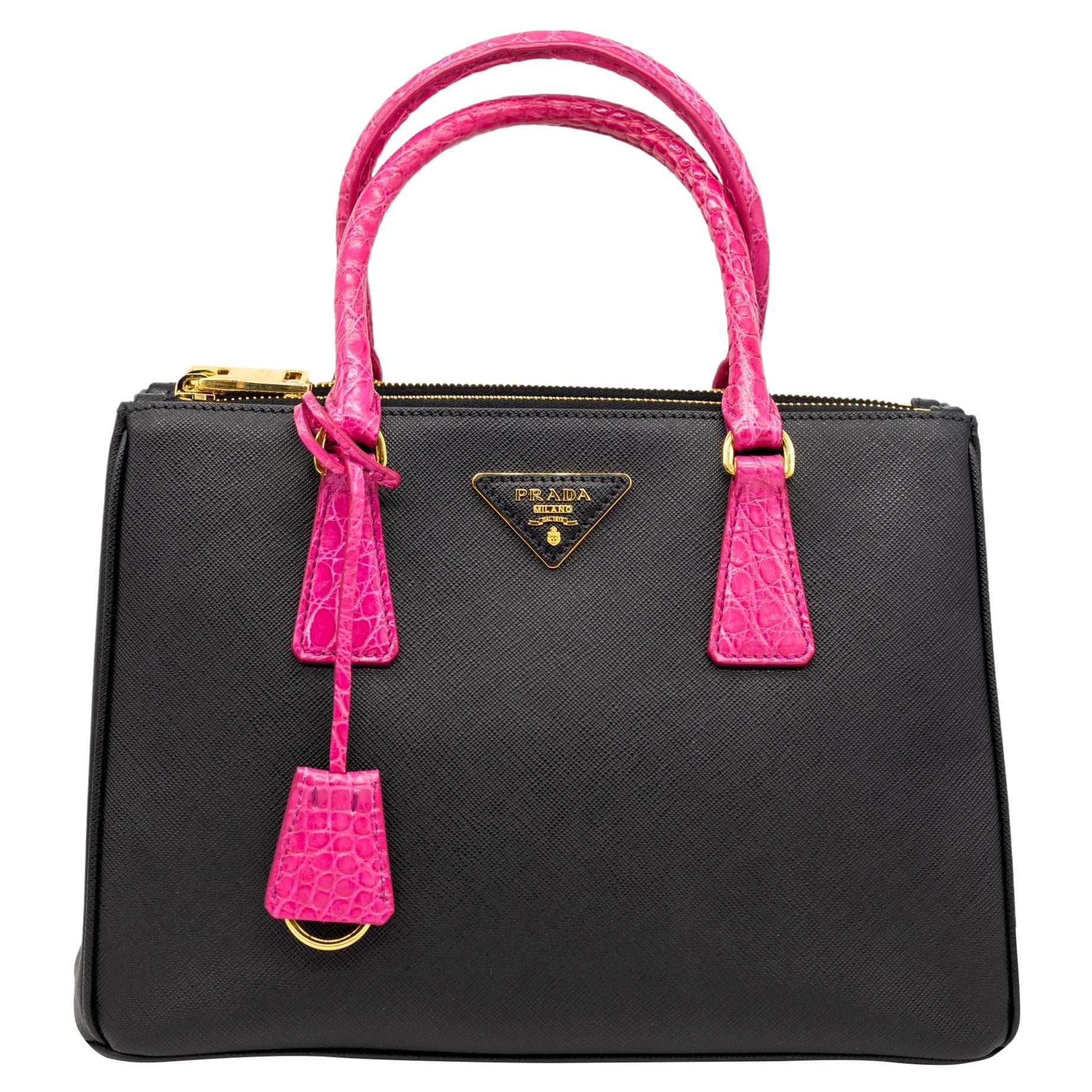Prada Black Saffiano and Fuchsia Crocodile Leather Galleria Top Handle Bag, 2019.
