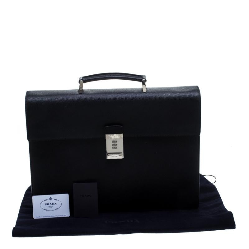 Prada Black Saffiano Cuir Leather Briefcase 6