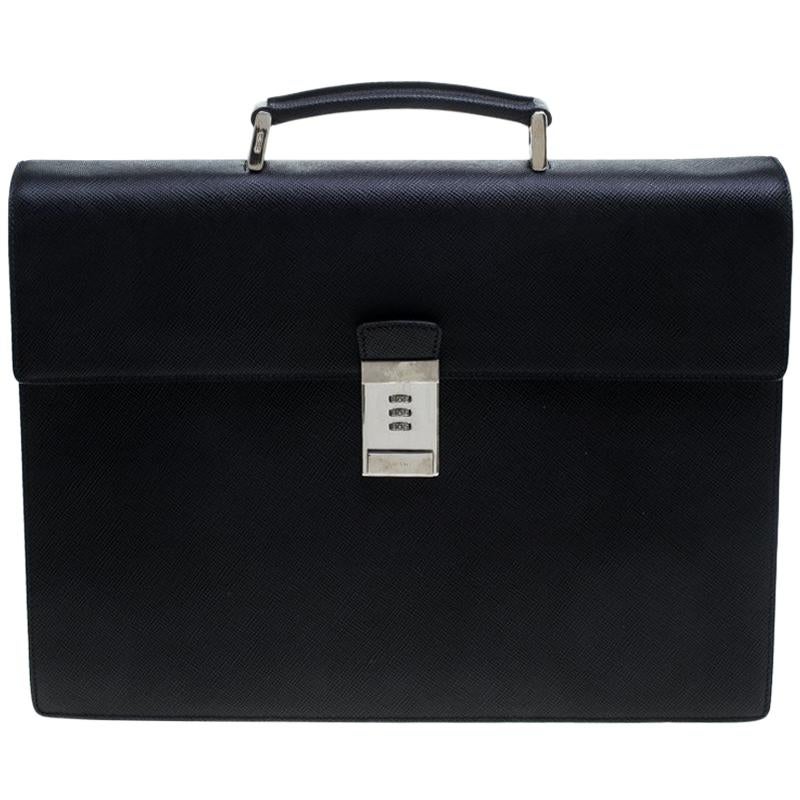 Prada Black Saffiano Cuir Leather Briefcase